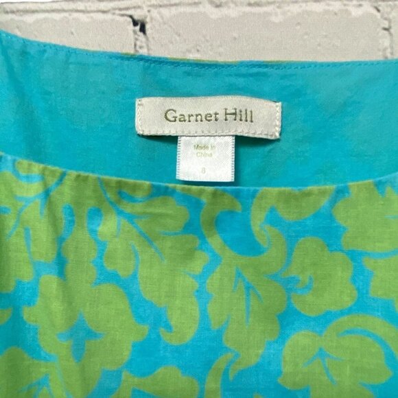 GARNET HILL Cotton Dress Size 8 Green Blue Boho Preppy Print Sleeveless Sash Tie - Picture 6 of 13